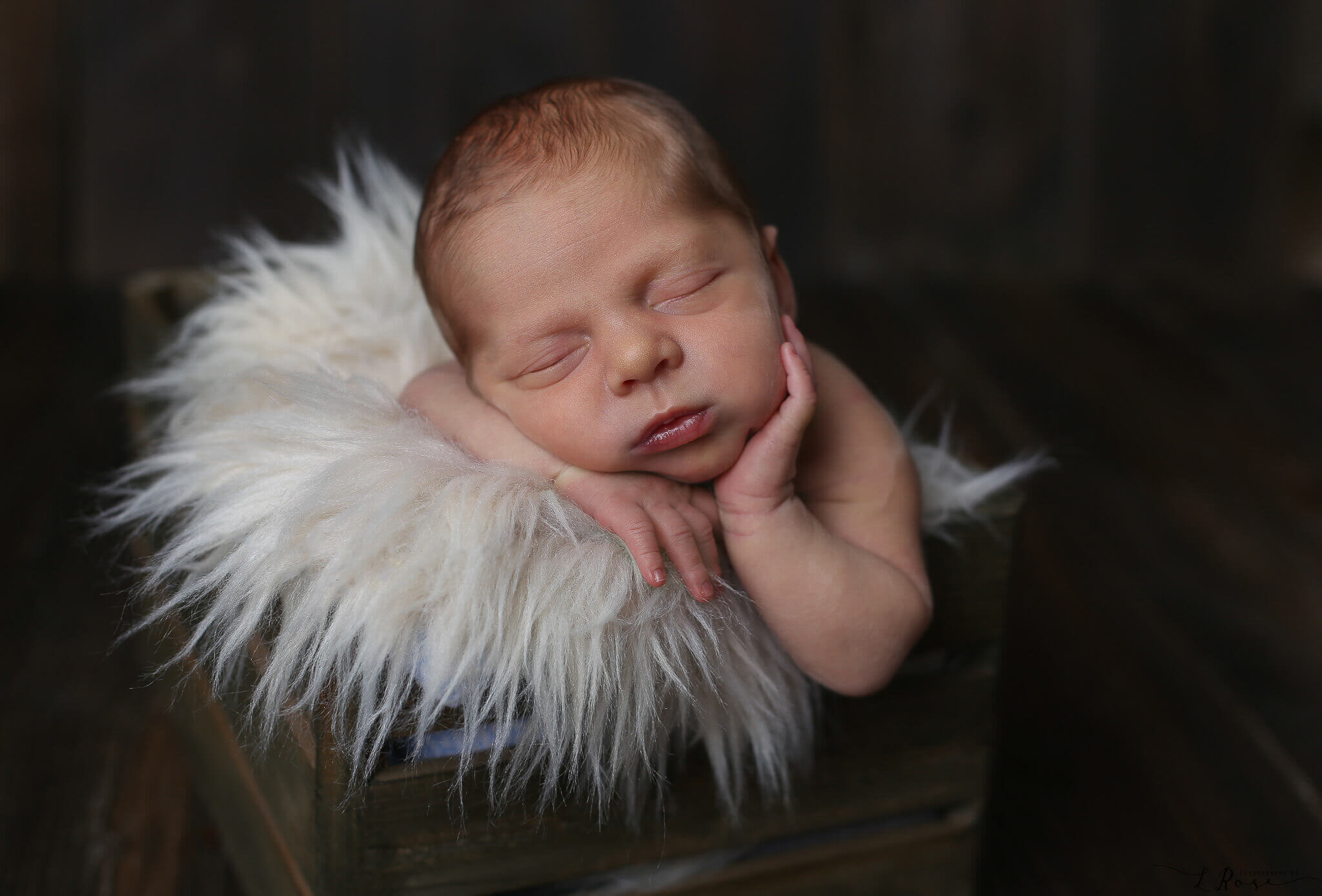  A photograph of a tiny newborn sleeping on its belly with its head resting on one arm and the other hand touching its cheek with a soft furry blanket underneath that lines a wooden crate from a baby photo session 