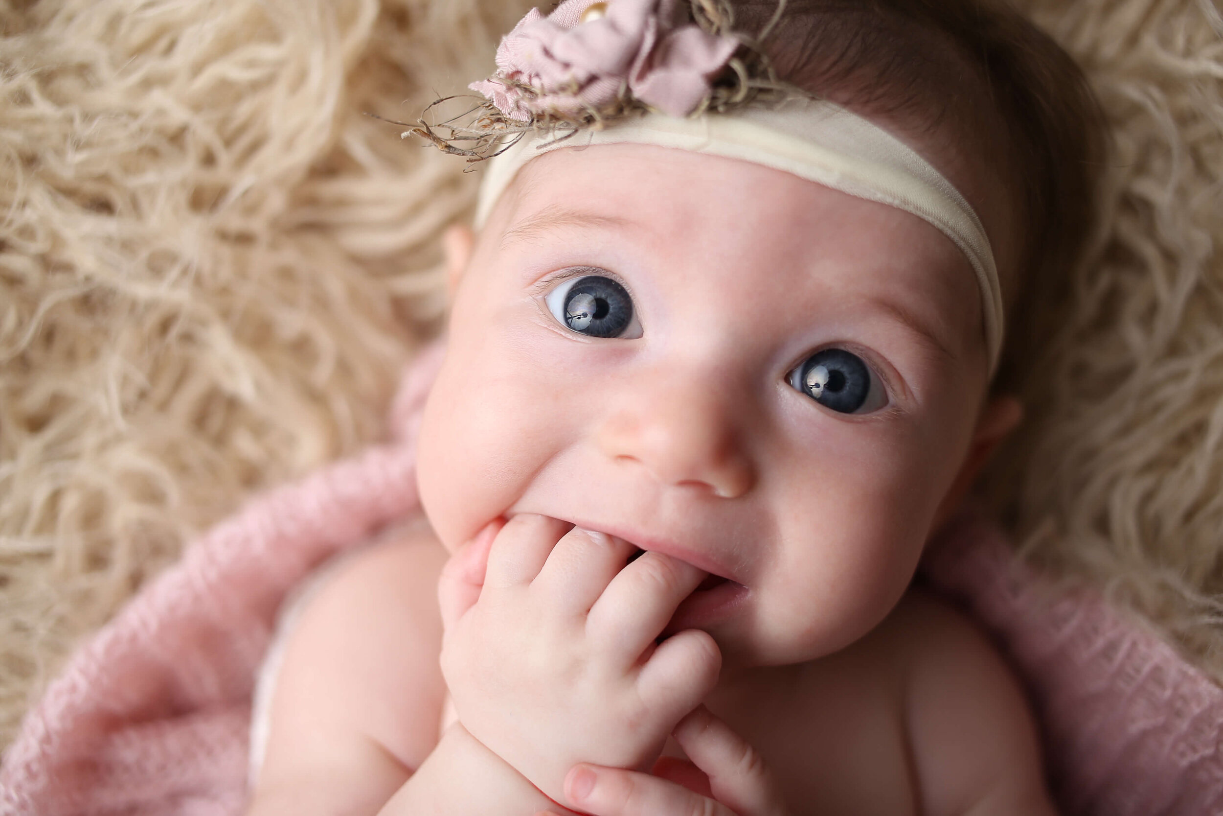  An image of a closeup view of a baby girl in her flowery headband, with her hand in her mouth as she looks up with a question on her face, reaching a new milestone from a baby milestone photo session 