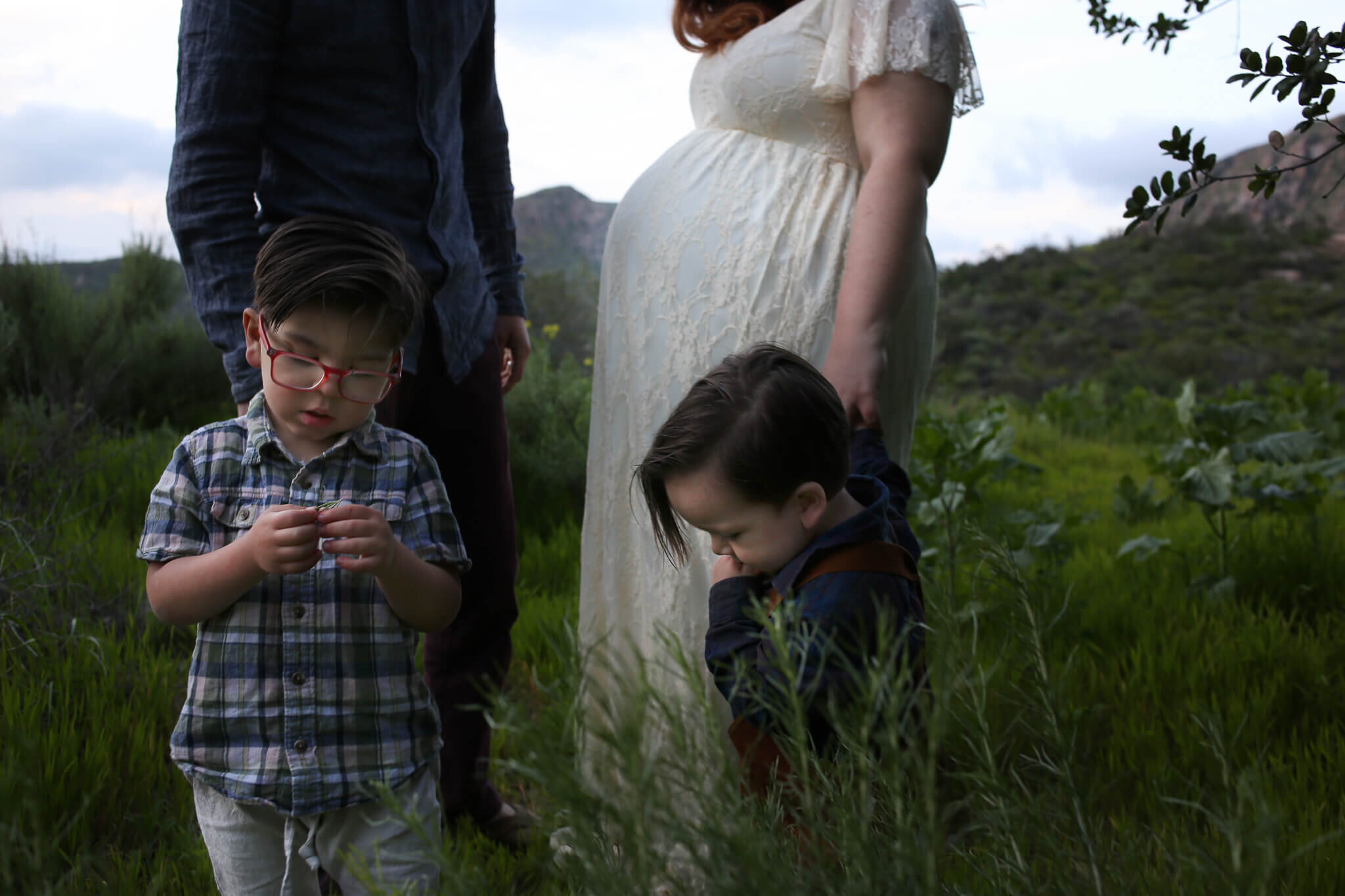  A picture of a closeup view of a family with two young boys playing while the pregnant mother and dad stand behind them in a grassy field with mountains in the background by Photography by L Rose 
