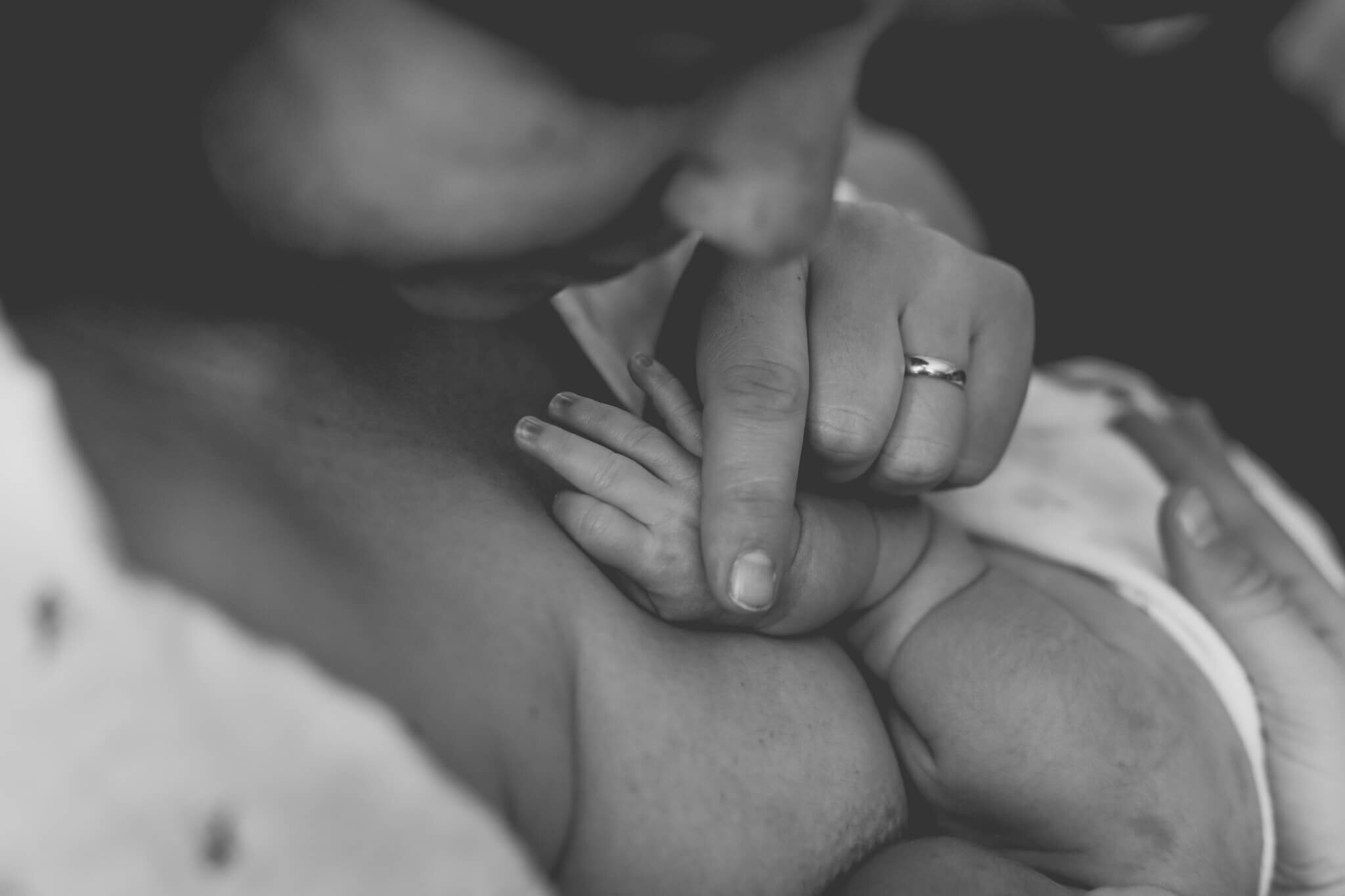  A picture of a closeup view of a new mother tenderly touching her newborn’s tiny hand as he nurses by Photography by L Rose 