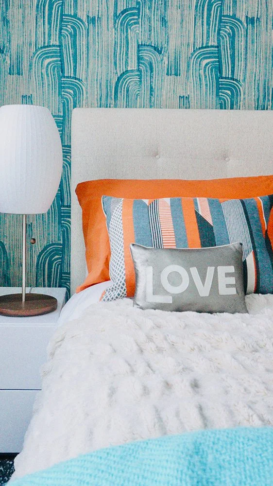 Colorful bedroom in modern home, Fairfield County, CT