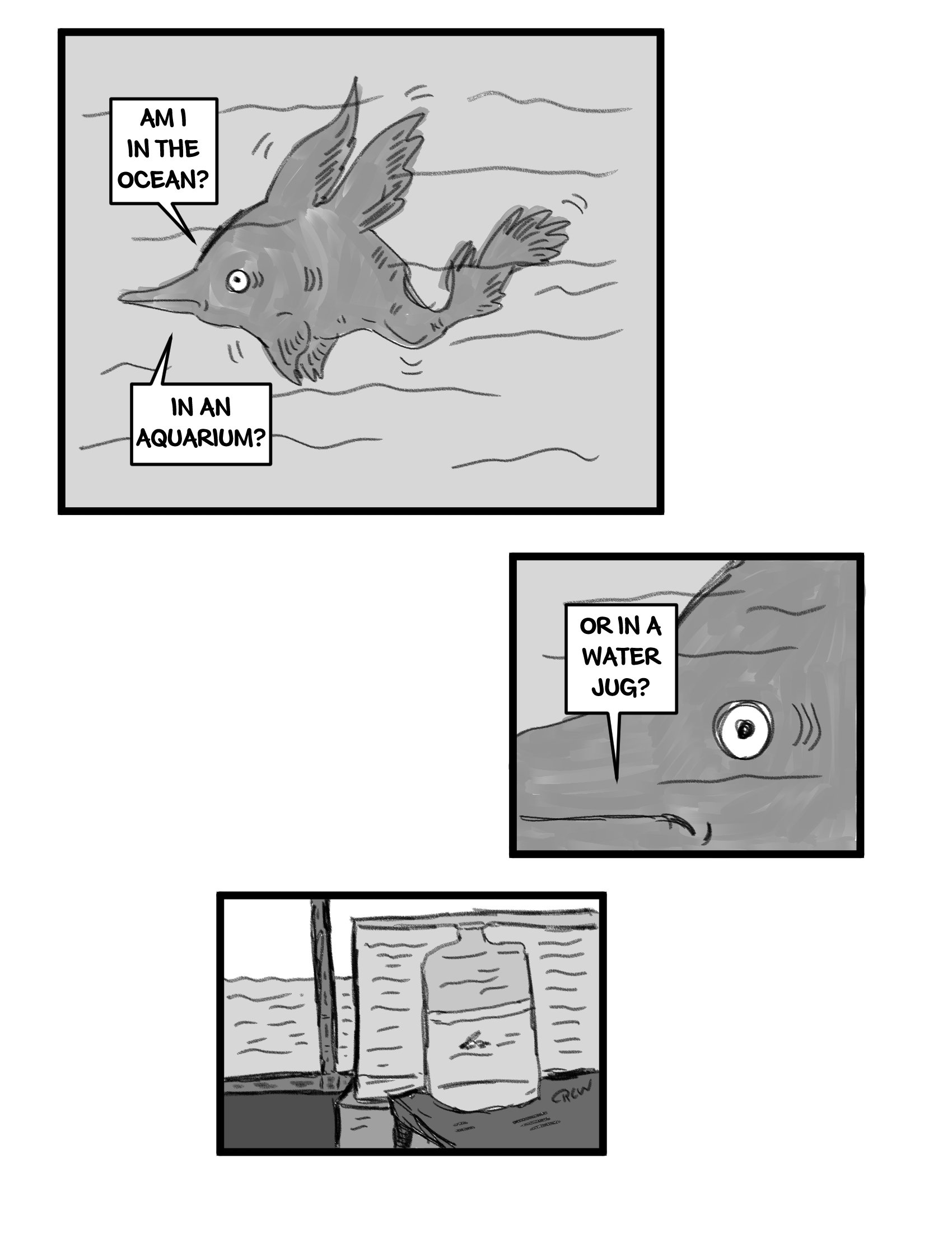 Location contains three panels of a fish with a wide eye talking to itself. It says, "Am I in the ocean? In an aquarium? Or in a water jug?" The third panel reveals that the fish is in a water jug, in front of an aquarium, on a boat.