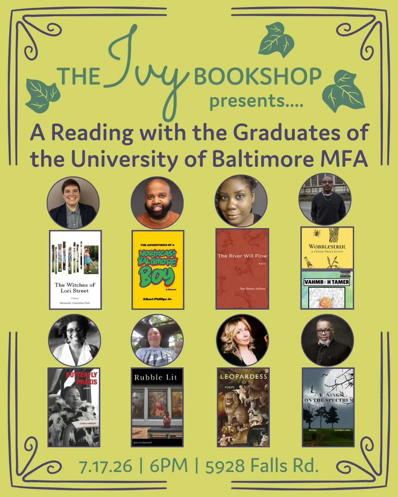 Join me and a talented group of writers who recently earned our MFAs from @ubaltmain for an evening celebrating our work on Friday, July 17, at 6:00 p.m.

We&rsquo;ll be reading from our MFA thesis projects, all of which will be available for purchas