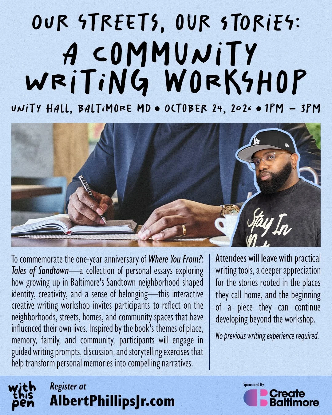 IT&rsquo;S OFFICIAL!!!!

I&rsquo;m excited to announce that I&rsquo;m partnering with @create_baltimore to host Our Streets, Our Stories: A Community Writing Workshop on Saturday, October 24 at @baltimoreunityhall. 

This workshop is especially meani