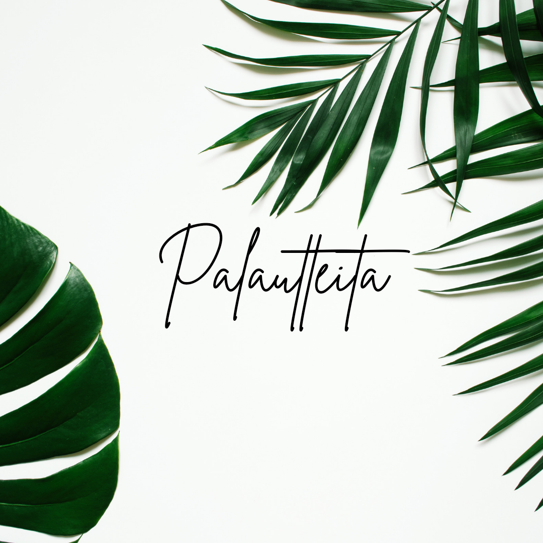 Vihreitä trooppisia lehtiä valkoisella taustalla ja suomenkielinen viesti jossa teksti palautteita