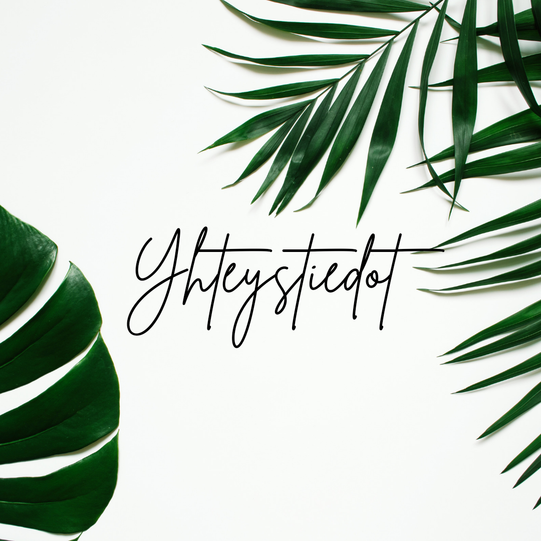 Vihreitä trooppisia lehtiä valkoisella taustalla ja suomenkielinen viesti jossa teksti yhteistiedot.