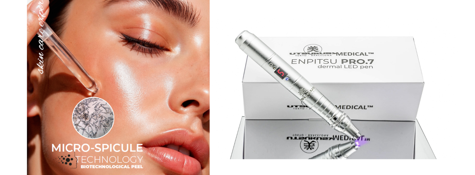 vasemmalla puolella on nainen jonka kasvoille levitetään microspicule-hoitonestettä. Oikealla puolella on kuva Enpitsu PRO 7 mikroneulaus-laitteesta.
