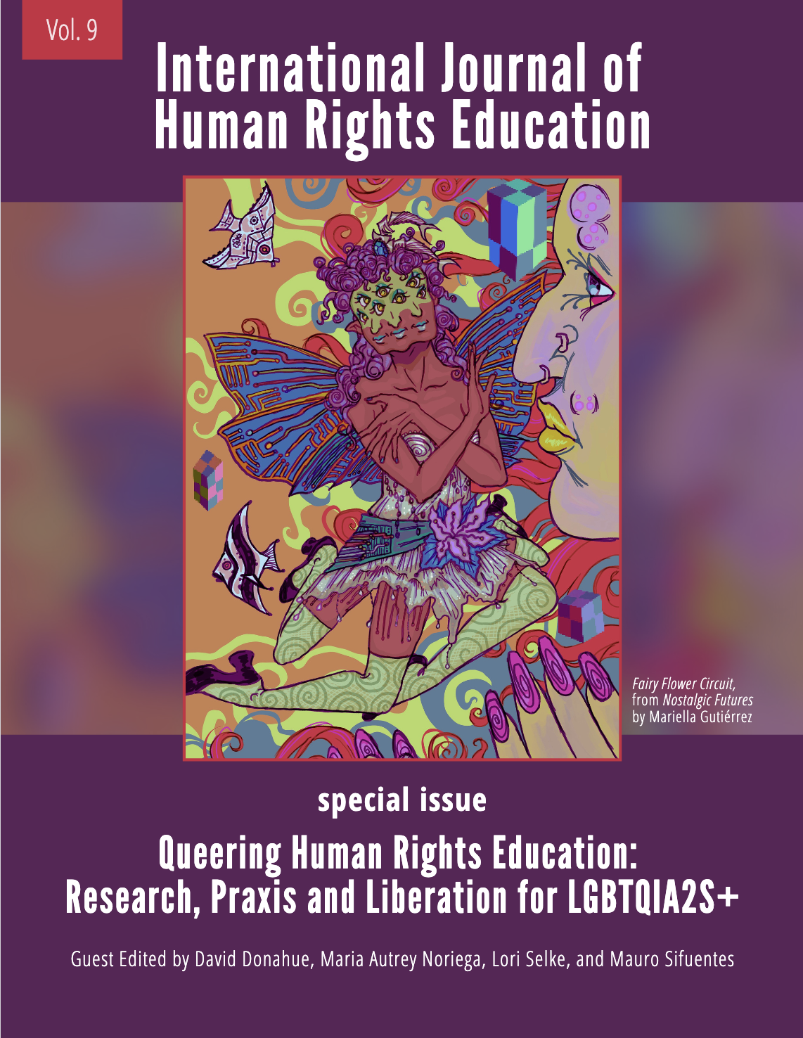 Artwork of a fairy with multicolors centered on the International Journal of Human Rights Education special series on queering education.