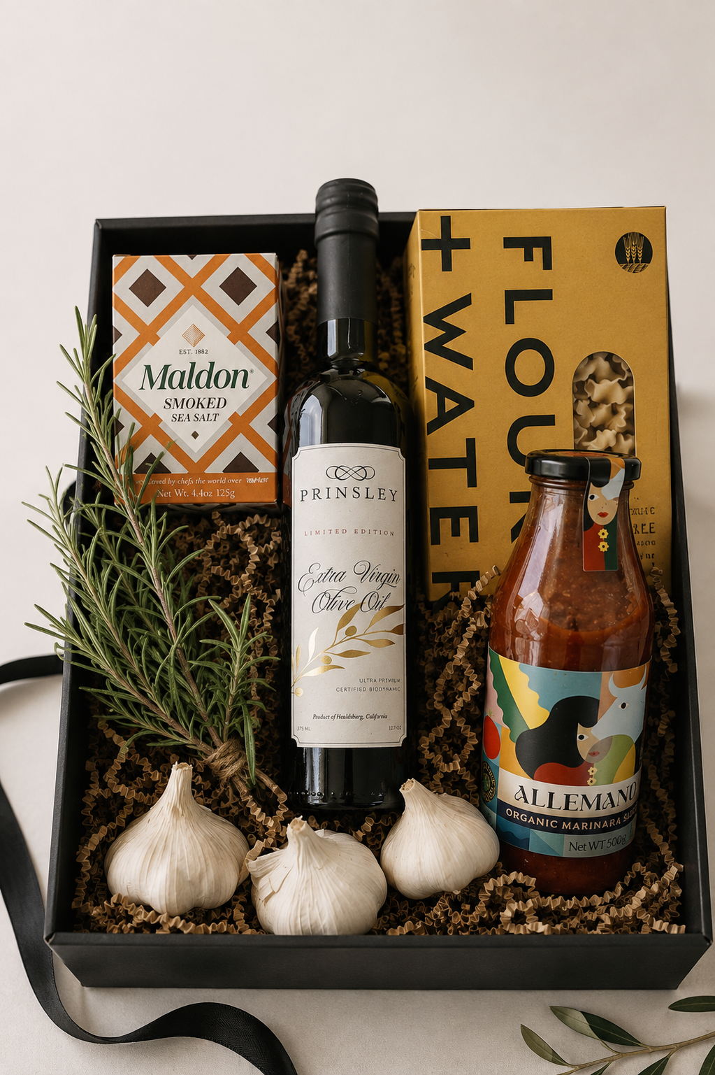 Prinsley Gather Collection alcohol-free corporate gift box with olive oil, artisan pasta, tomato sauce and sea salt