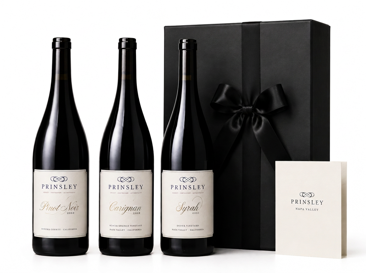 Prinsley Legacy Collection three-bottle red wine gift set with Pinot Noir, Carignan and Syrah for executive and corporate gifting