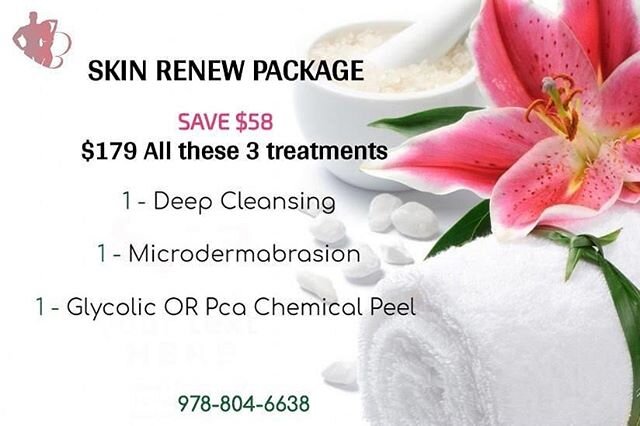 Skin Renew Package
&bull;Deep cleansing &bull;Microdermabrasion &bull; Glycolic or Pca chemical Peel 
A perfect idea for Mom gift 🎁 
#mothersdaygift #skincare #skinrenew