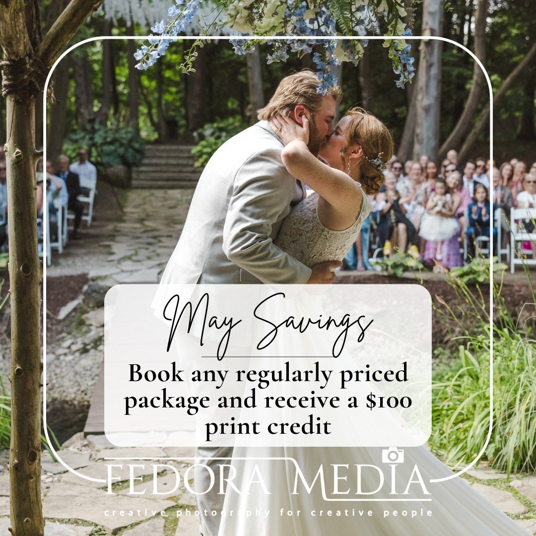 How is it already May???
We are ready for spring and are happy to offer a $100 print credit to all couples who book a regularly priced package in May.  This promotion does not apply to Micro Deals or Elopements.

#weddingsavings #weddingdeal