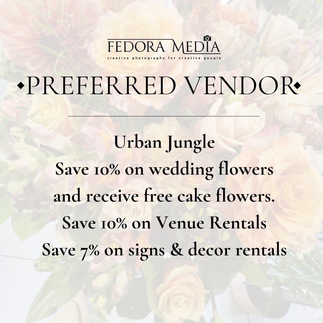 If you're looking for wedding florals with no minimum spend or decor rentals for your wedding, Fedora Media couples save when they book with Urban Jungle! 

Here&rsquo;s what you get:
10% off your wedding florals
Free cake flowers
7% off signs and d&
