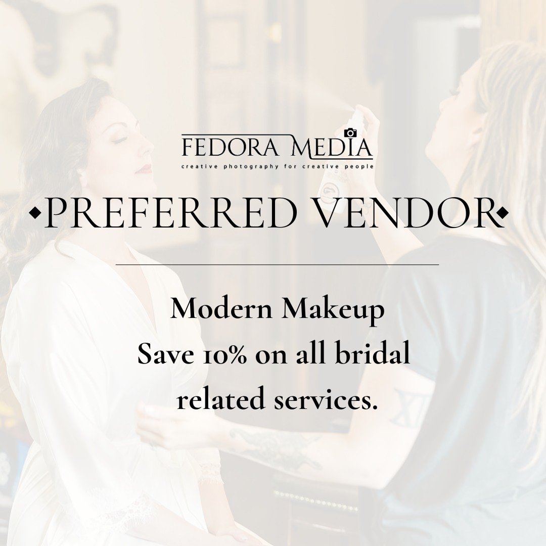 Fedora Media couples save with Modern Makeup!

Book us for your wedding photography or videography, and enjoy 10% off all bridal-related services with Modern Makeup. A trusted beauty team. Timeless photo and film coverage. The kind of partnership tha