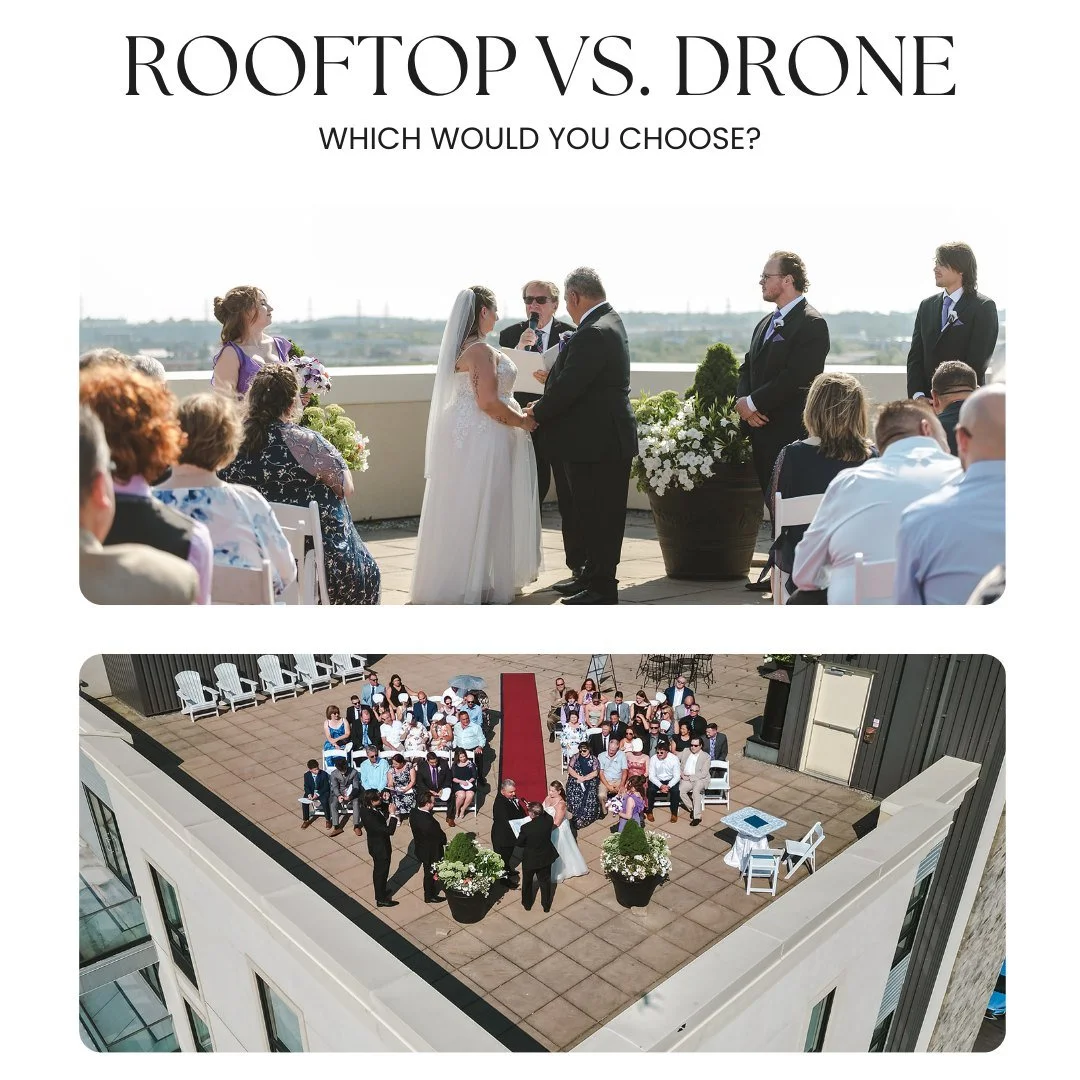 One wedding, two stunning perspectives: a beautifully crafted shot from a rooftop patio and a breathtaking drone image capturing the entire scene from above. Both bring a unique vibe and tell different parts of the story. Which one do you love more?
