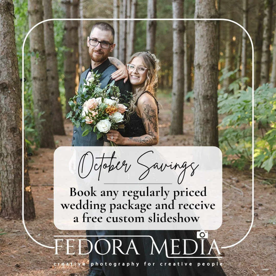 Last Chance to Save This October with Fedora Media!

Time is running out! Book any regularly priced package before the end of the month and receive a FREE custom slideshow of your unforgettable moments! 

Don&rsquo;t miss out on reliving your special