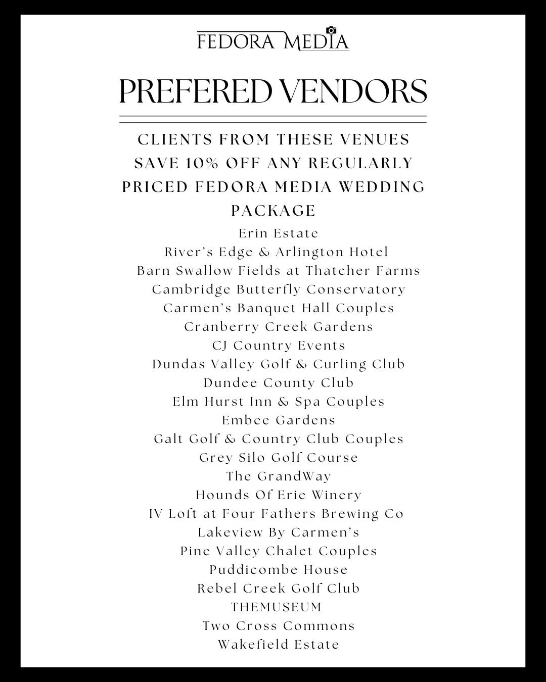 Fedora Media's Preferred Vendor Program allows our wedding clients access to trusted vendors that deliver quality and professionalism. Enjoy peace of mind and savings as you plan your dream wedding! 

#FedoraMedia #PreferredVendorProgram #WeddingPlan