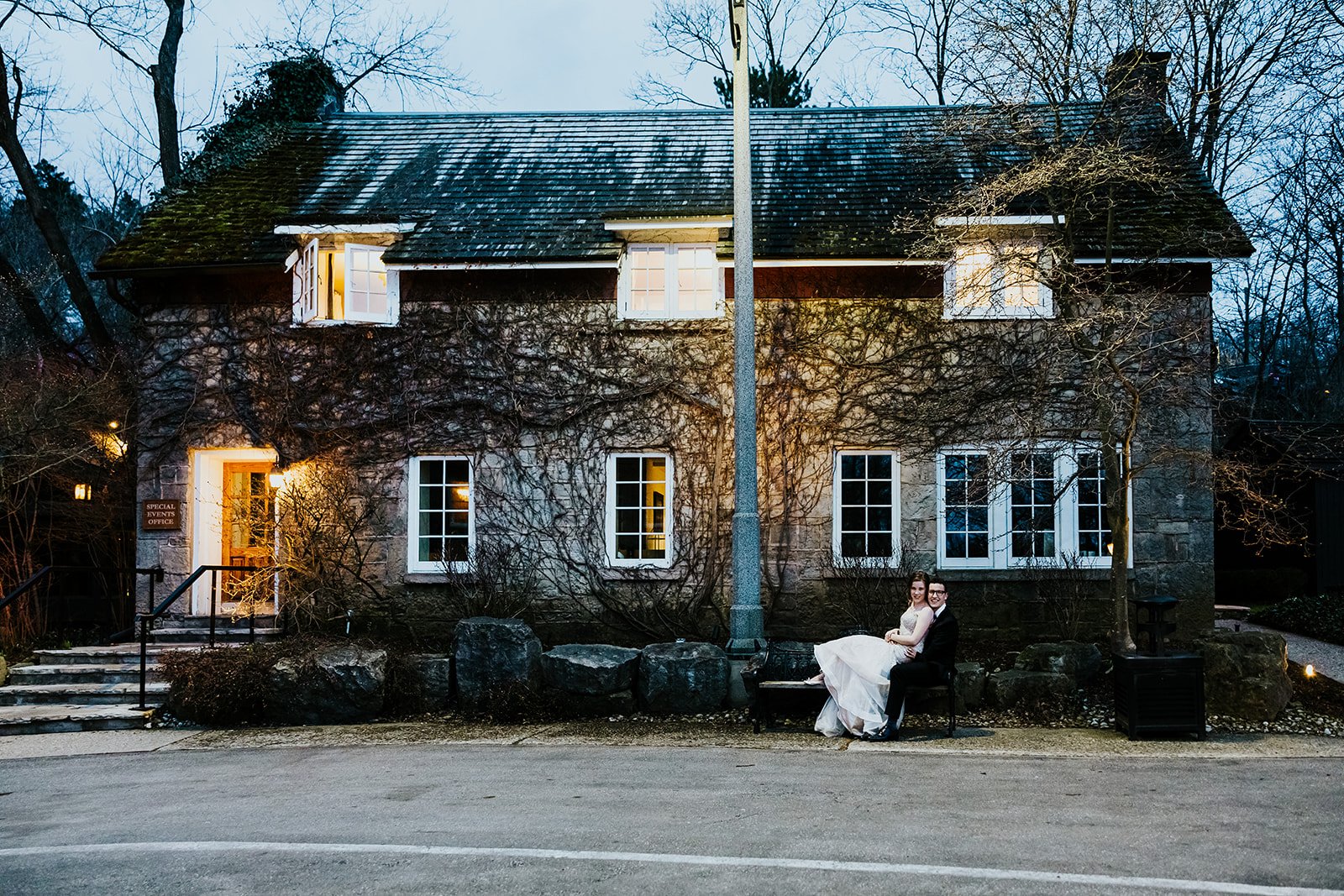 Nighttime wedding photoshoot in front of a European cottage photo by Fedora Media.jpg