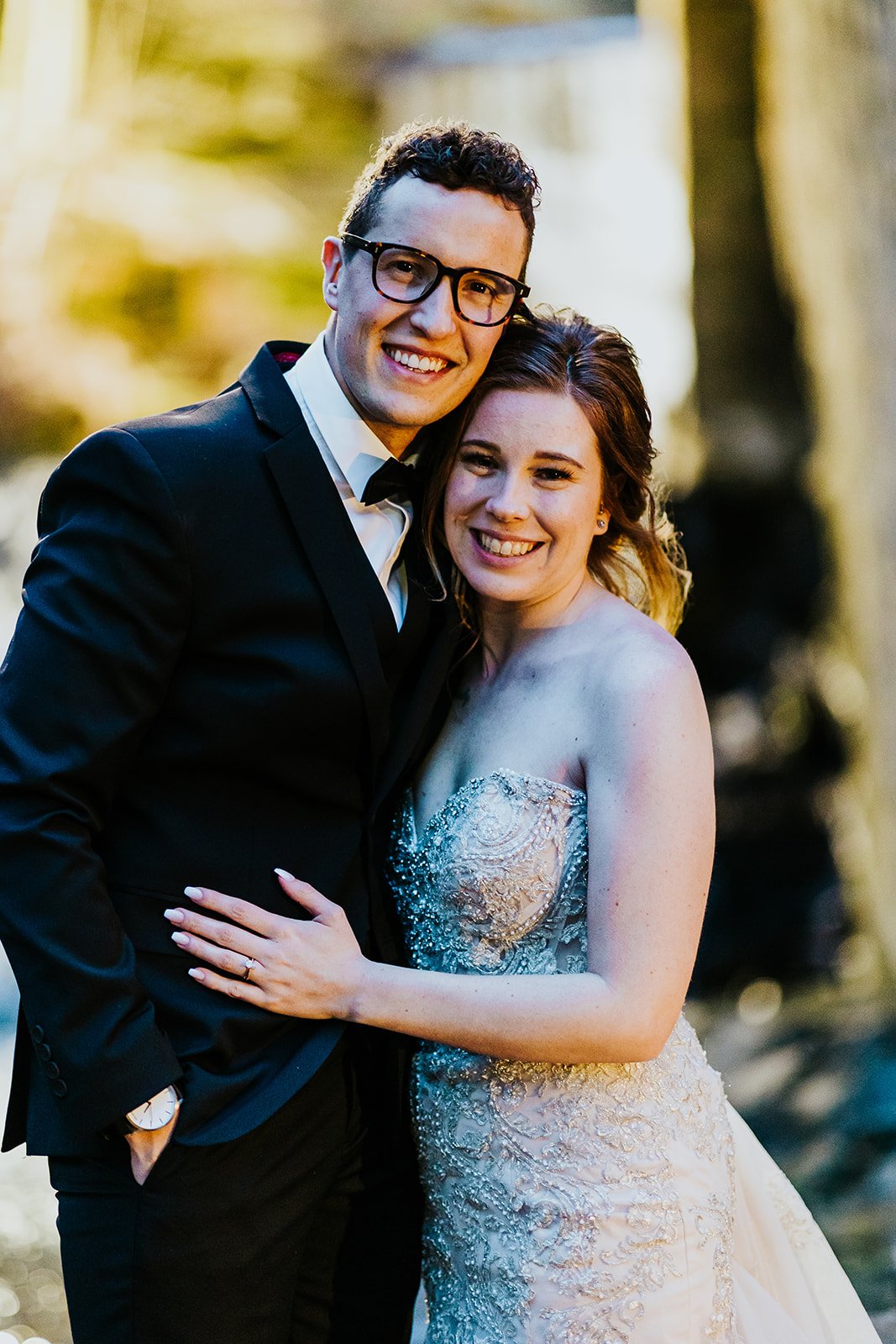 Bride and groom pose for nighttime photoshoot at the Ancaster Mill photo by Fedora Media.jpg