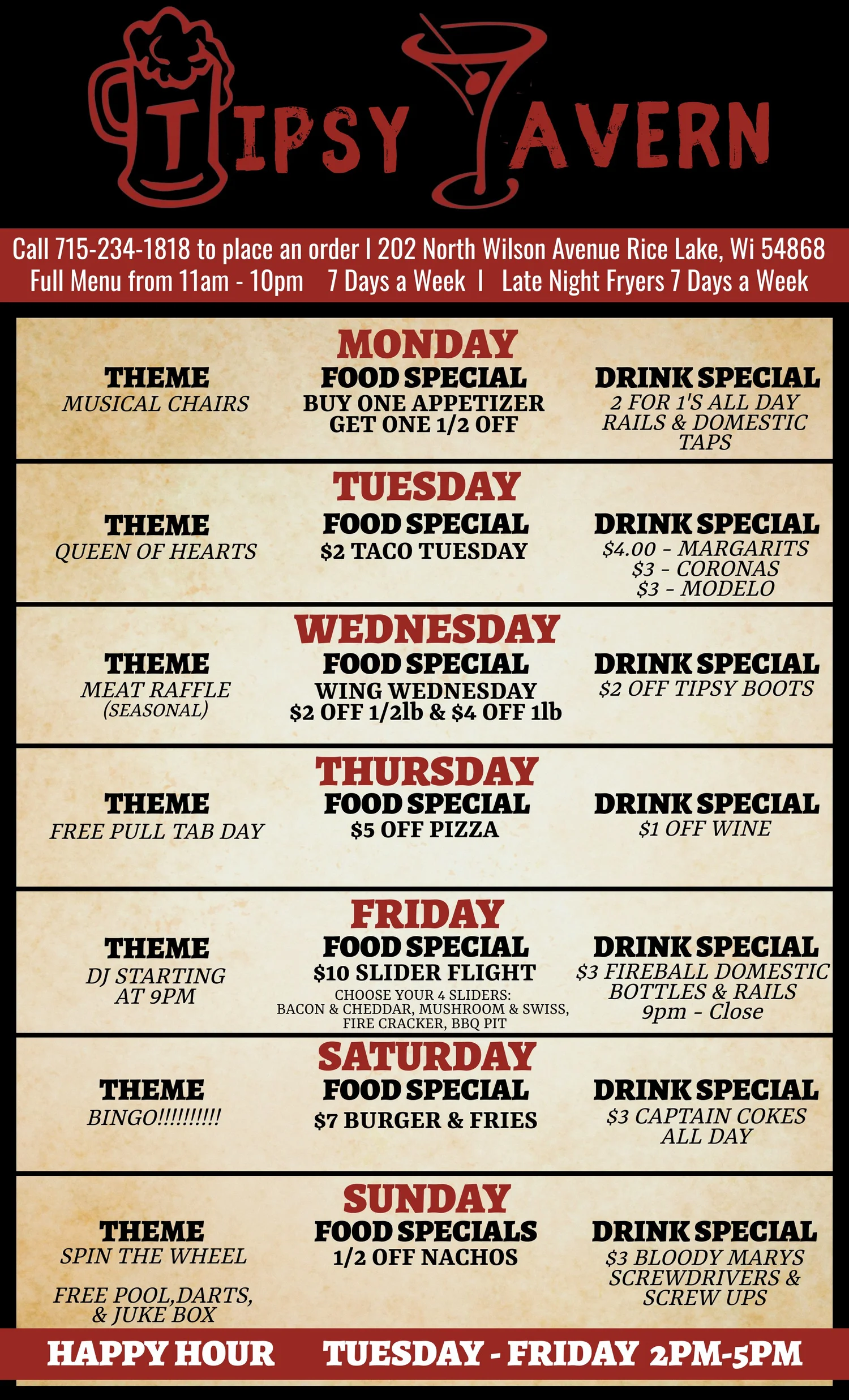 Tipsy Tavern Menu — Our Favorite Bar