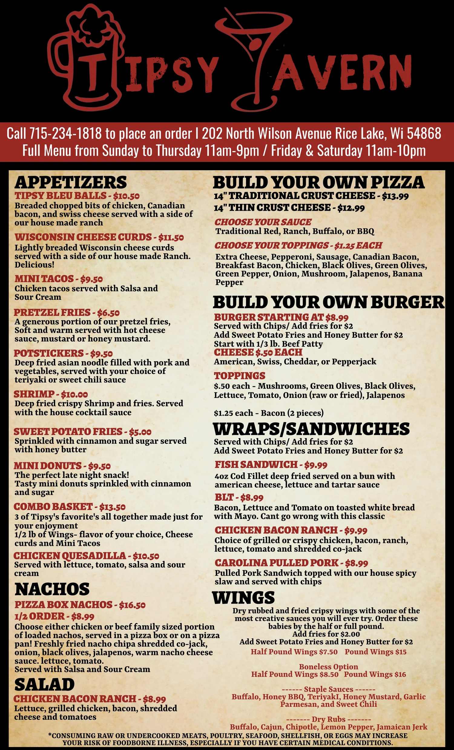 Tipsy Tavern Menu — Our Favorite Bar