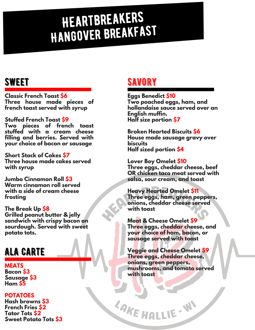 Heartbreakers Menu — Our Favorite Bar