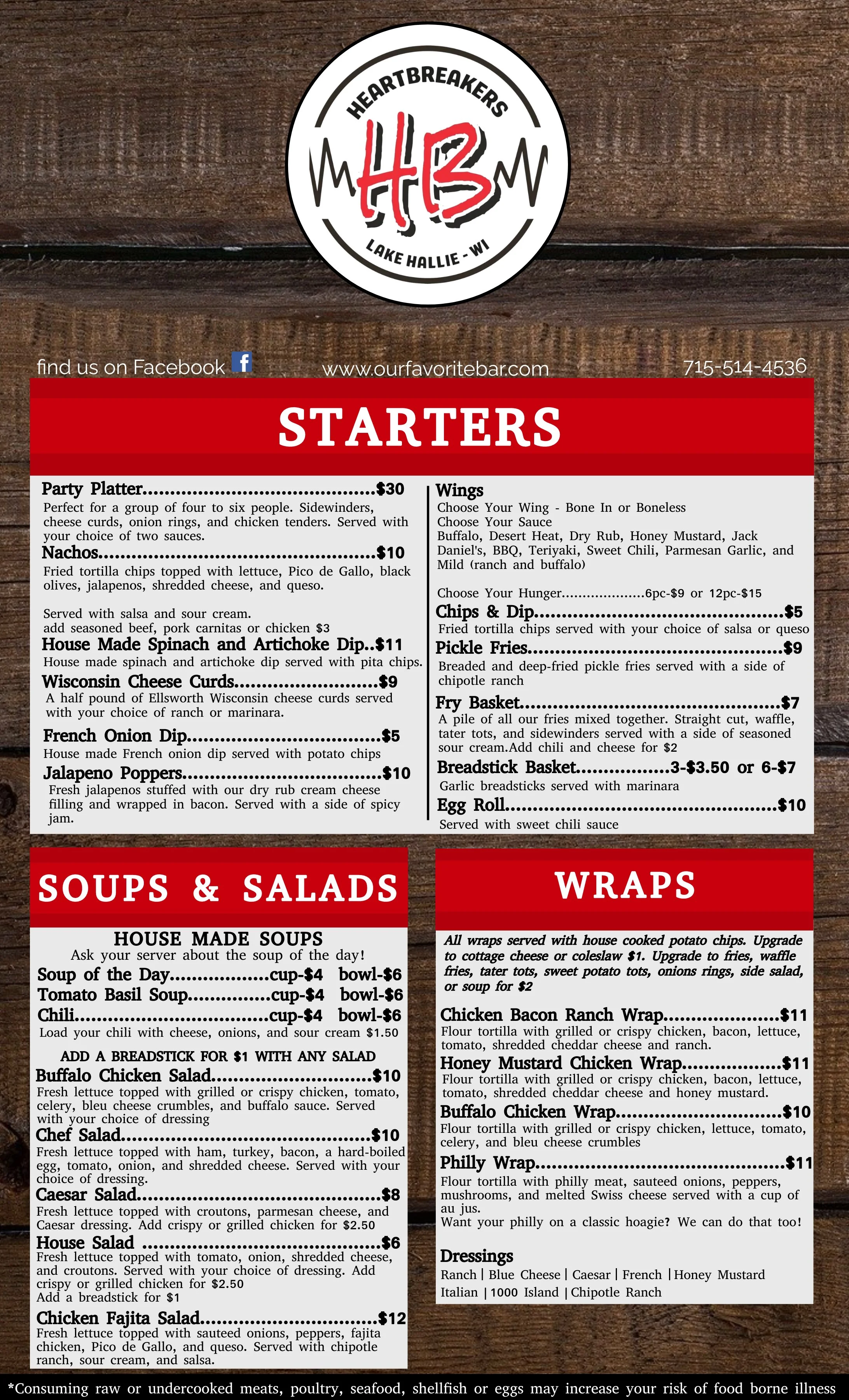 Heartbreakers Menu — Our Favorite Bar