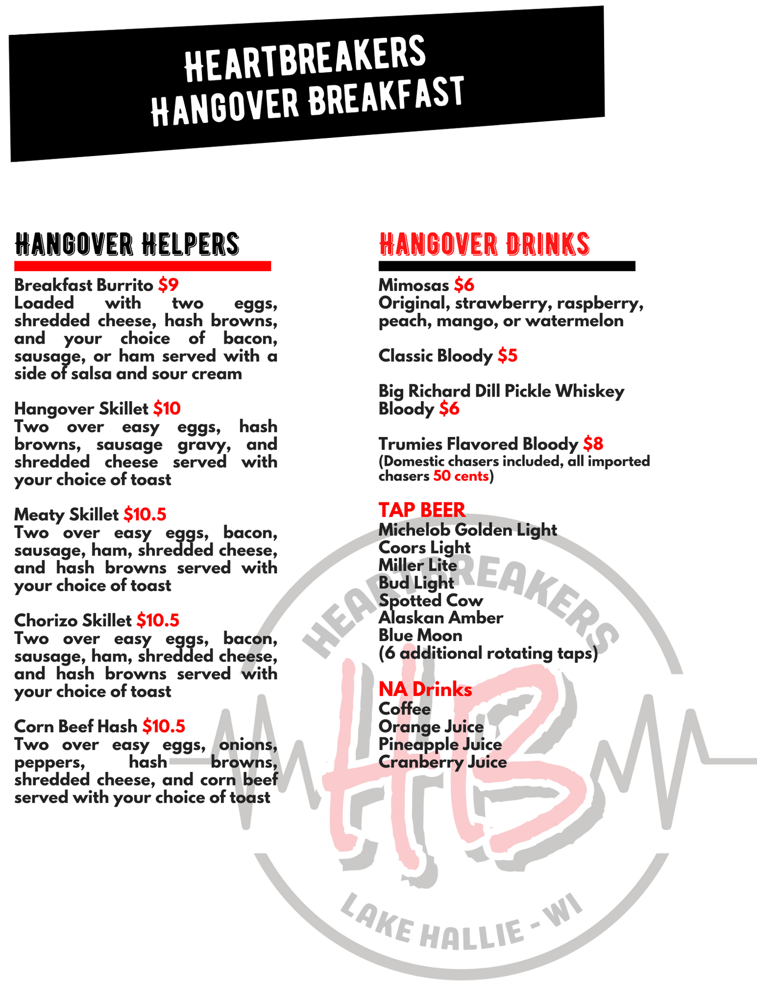 Heartbreakers Menu — Our Favorite Bar