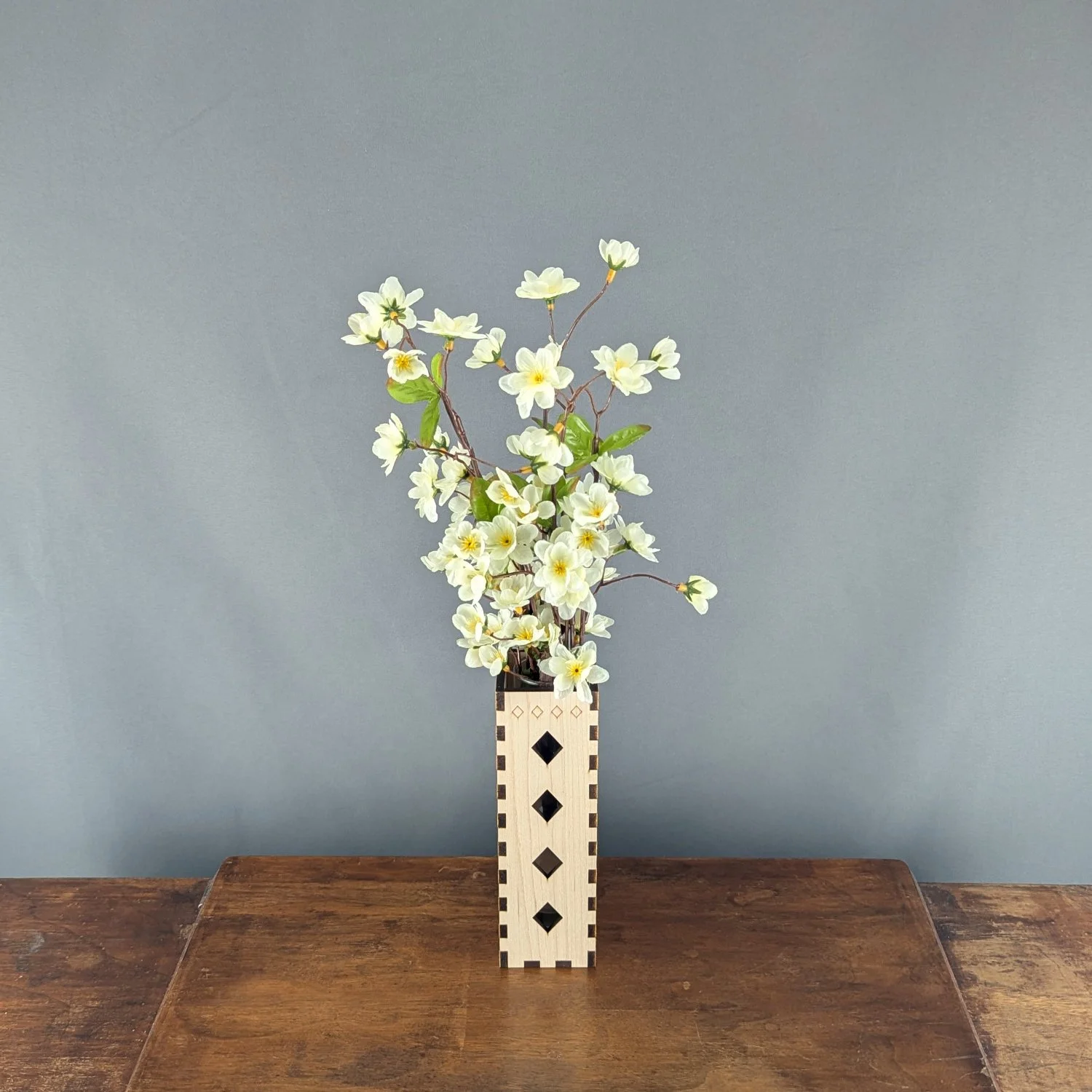 Rustic Wooden Vase with Glass Insert – Diamond Cutout Design