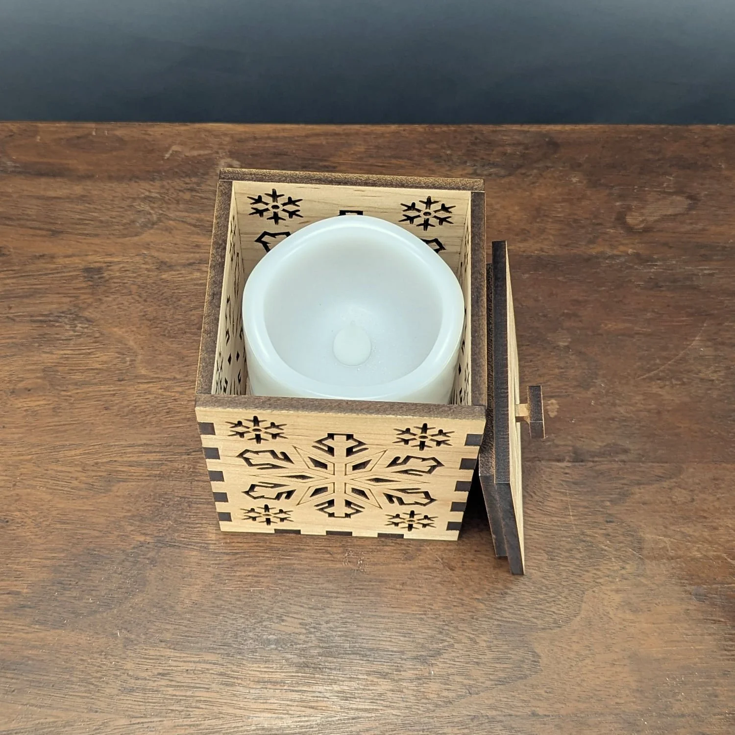 Maple Snowflake Lantern with lid removed to show interior space for 3x4 LED candle.