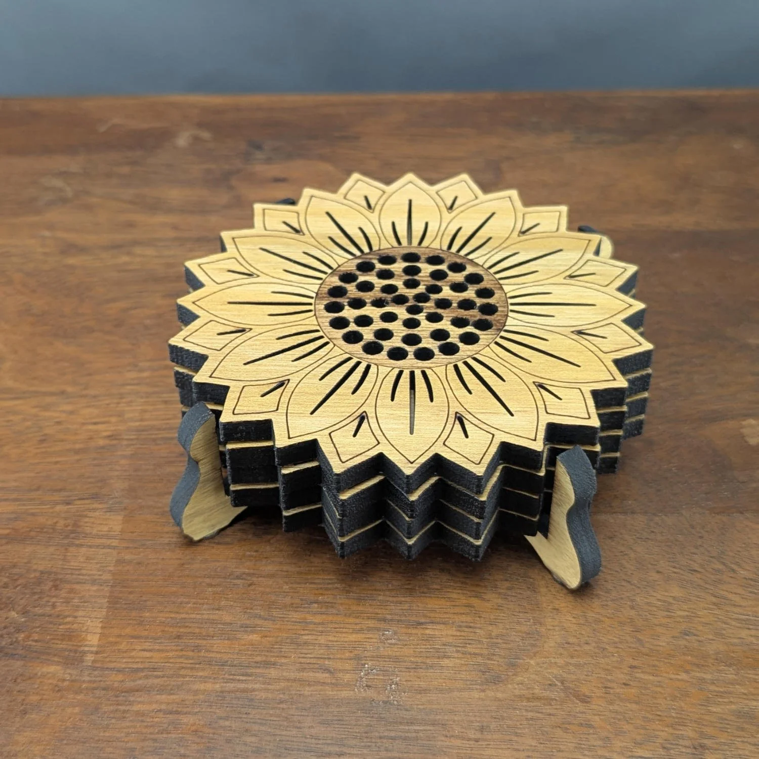 Sunflower coasters in laser-cut coaster holder
