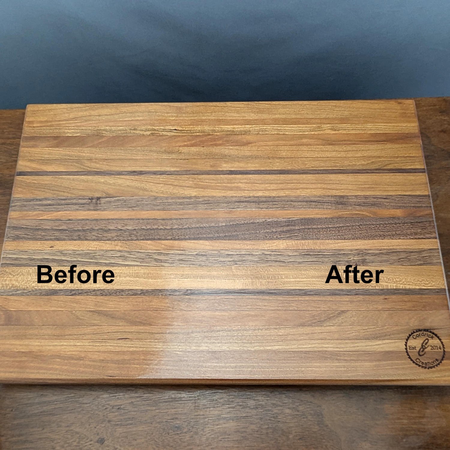 Before and after wood balm application on wood