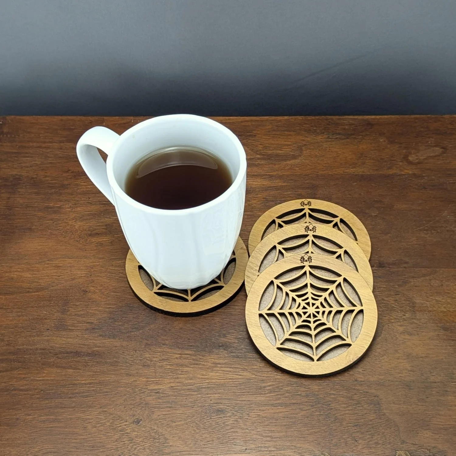 Phantom Web Coaster – Laser-Cut Spiderweb Wooden Drink Coaster (Set of 4) | Webworks Collection