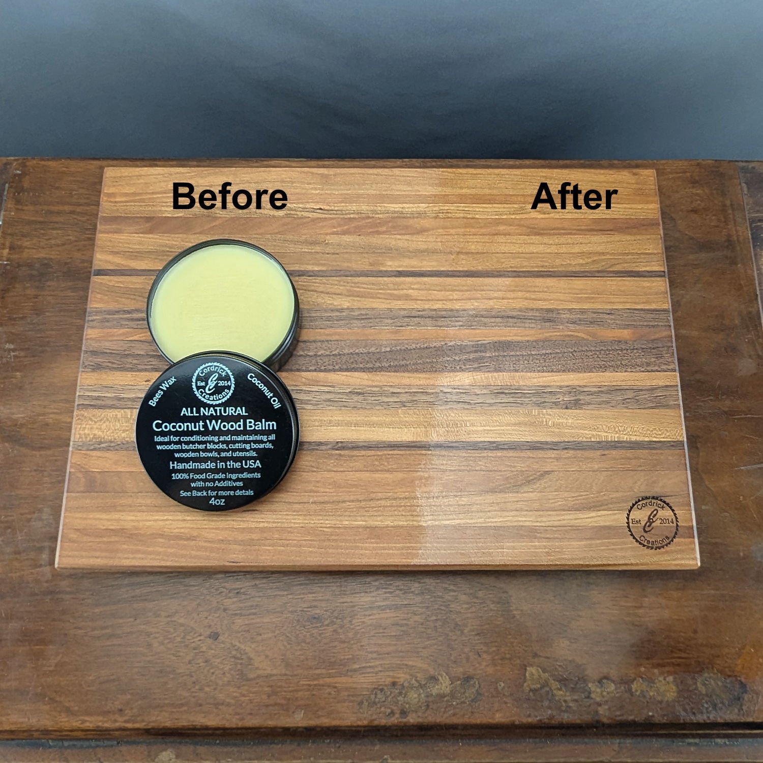 Before and after wood balm application on wood