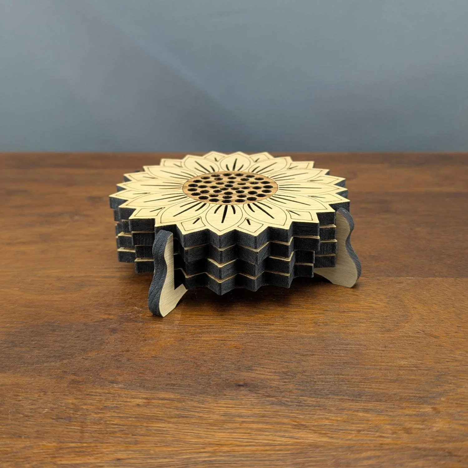 Sunflower coasters in laser-cut display stand