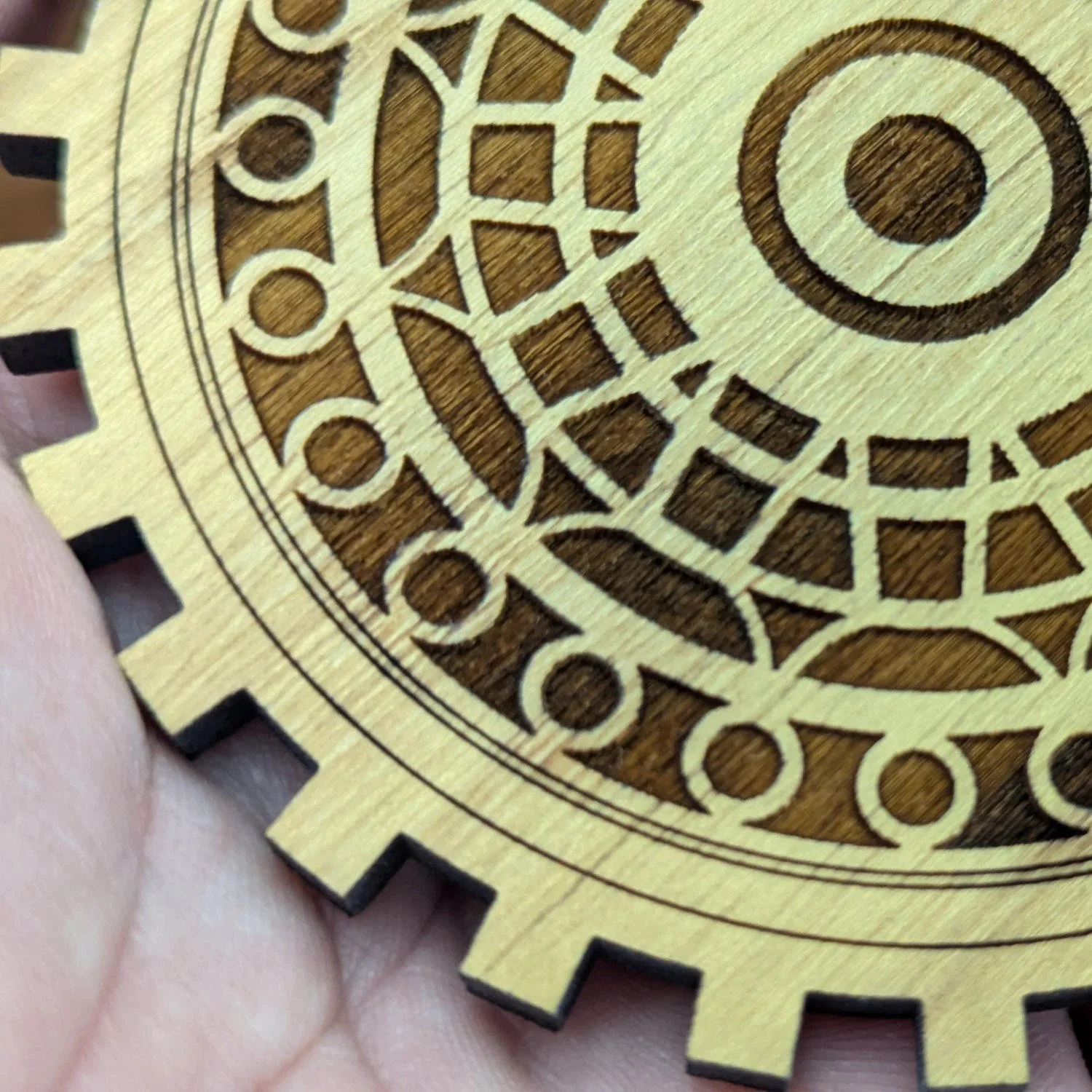 Close-up of deep laser engraving in solid wood