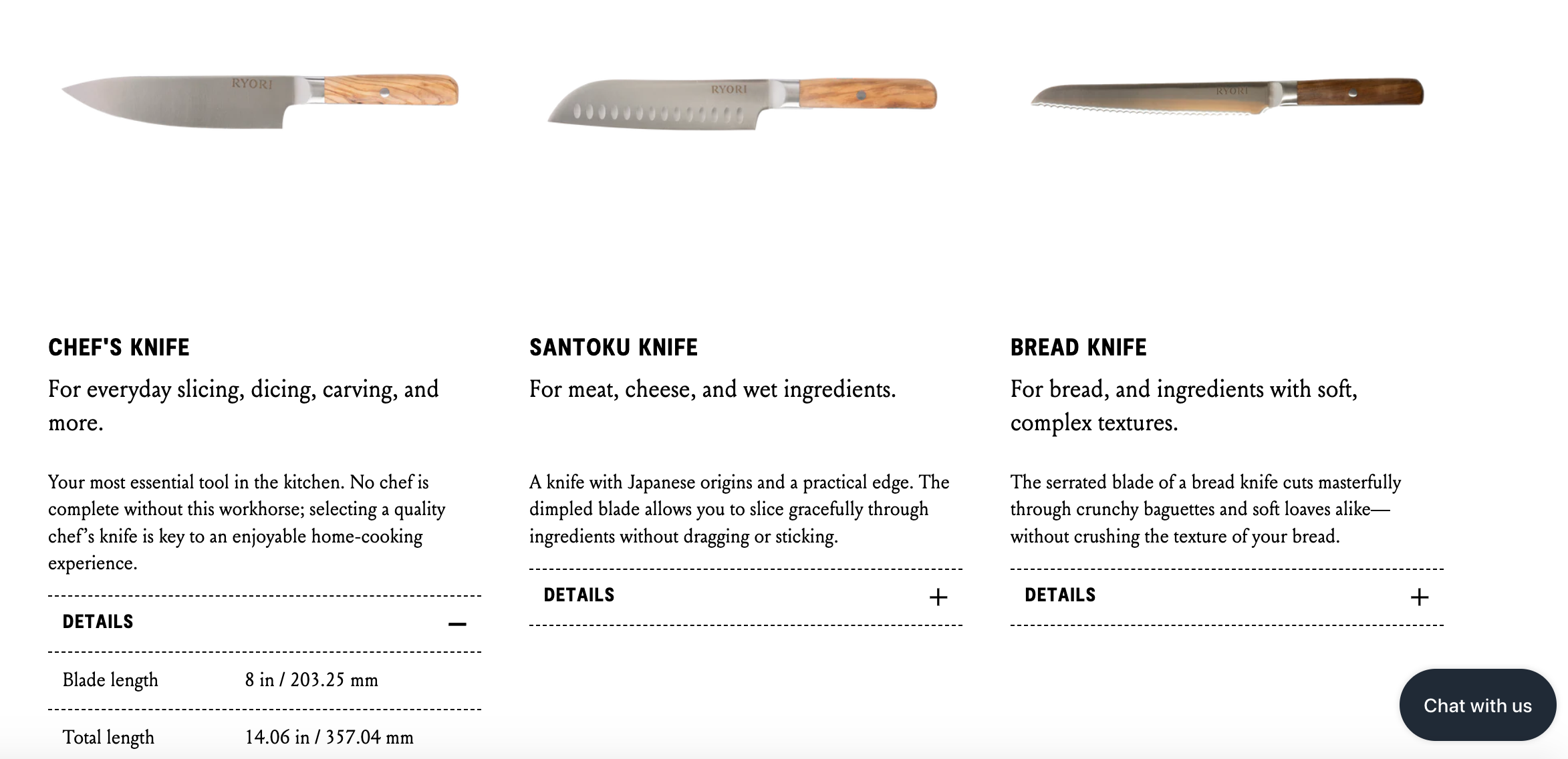 Image of RYORI product copy for the Chef's Knife, Santoku Knife, and Bread Knife