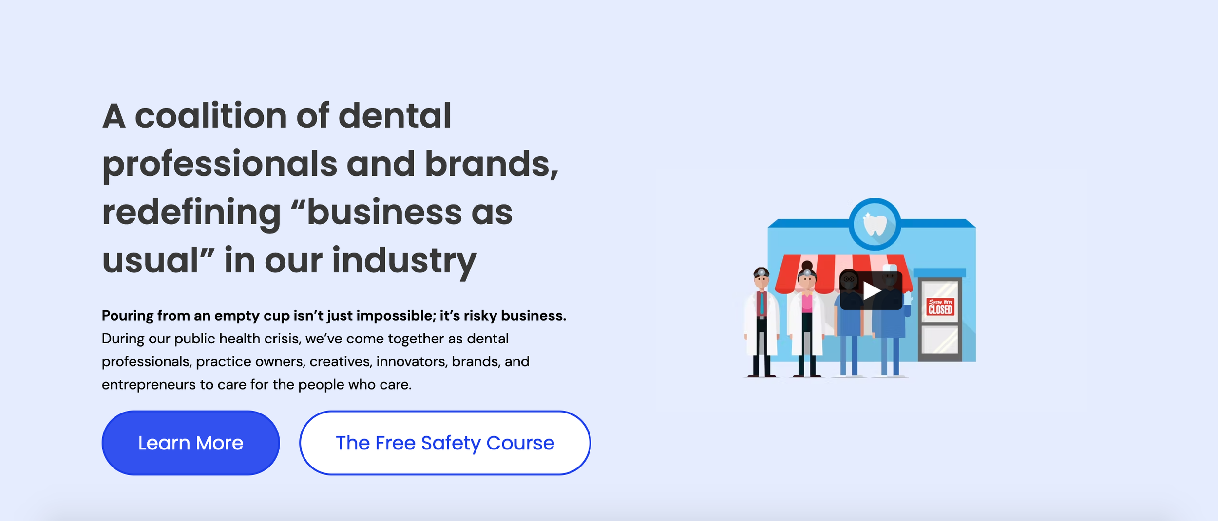 Landing page screenshot 1 of 4, beginning with "A coalition of dental professionals and brands, redefining 'business as usual' in our industry."