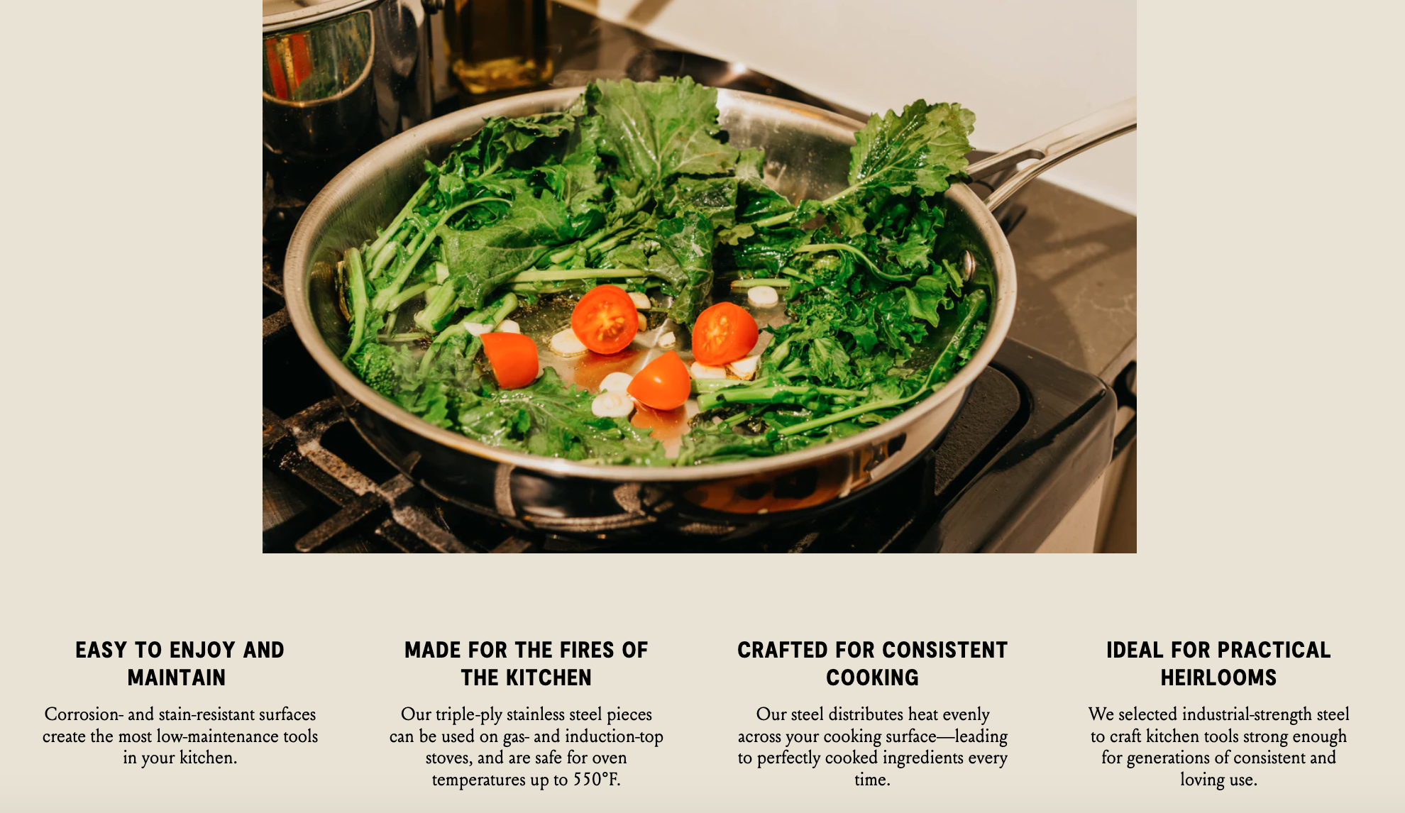 Greens, tomatoes, and other ingredients cook on a RYORI pan on the stove.