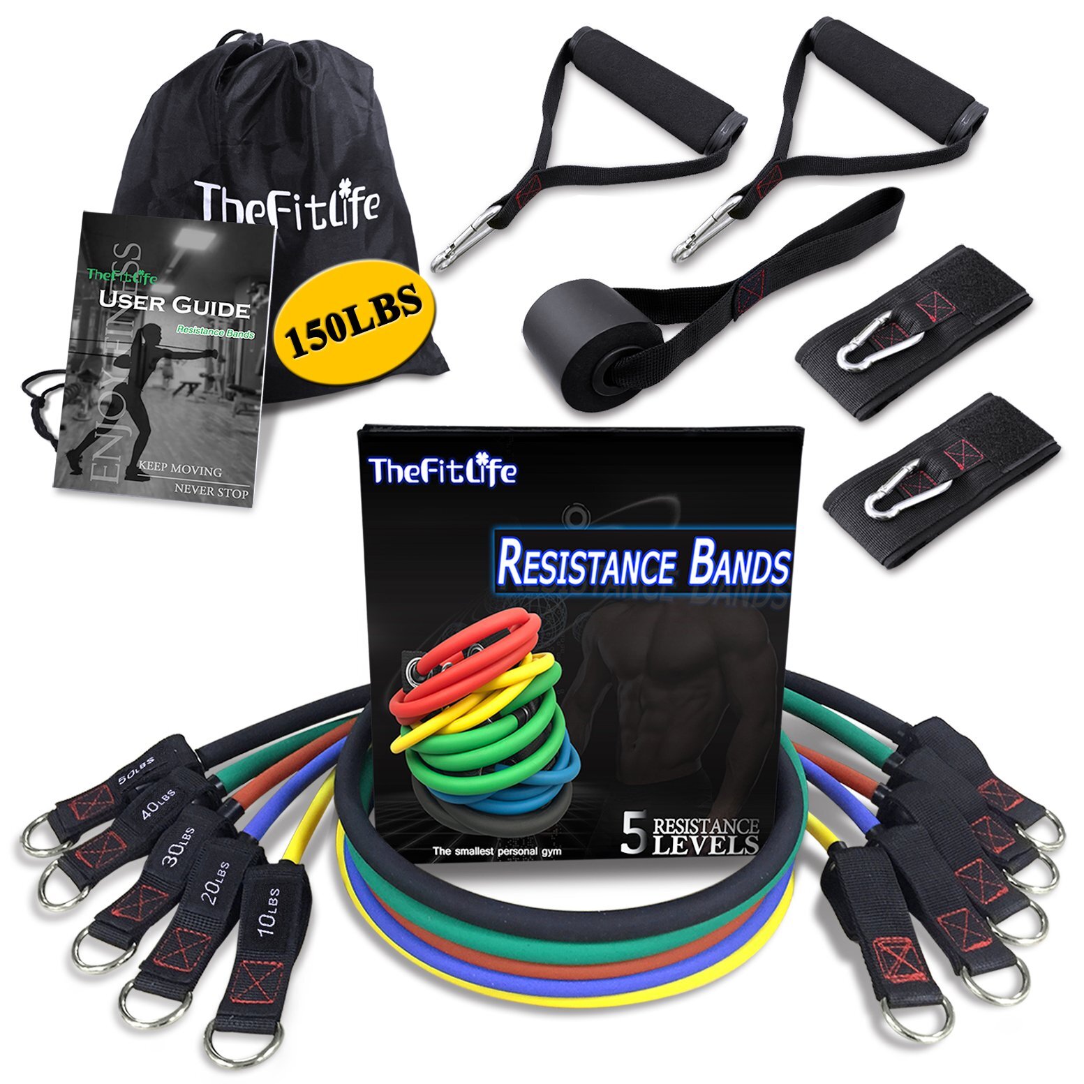 TheFitLife Exercise Resistance Bands with Handles - 5 Fitness Workout Bands, Stackable up to 150 lbs, Training Tubes with Large Handles, Ankle Straps, Door Anchor Attachment, Carry Bag and Bonus eBook