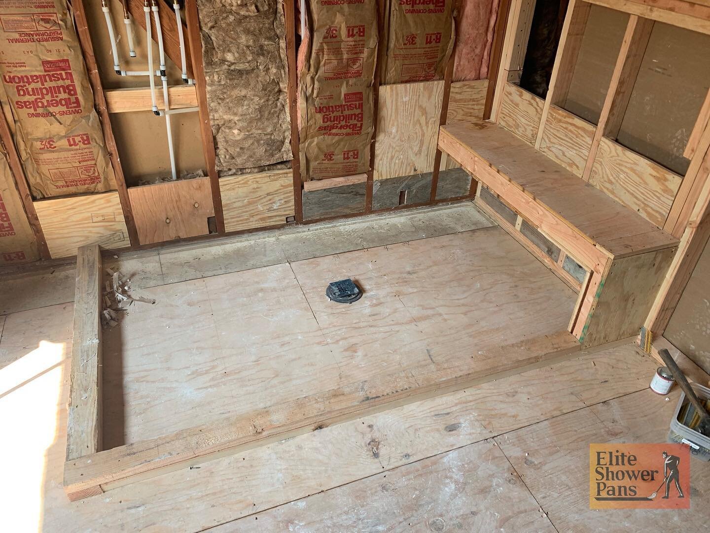 This Shower Pan Prep is a Perfect Example of How to Properly Prep for Hotmop. 

&bull;Blocking is At Least 12inches High

&bull;The Drain is Install and Resting Flush with the Subfloor

&bull;The Floating Bench Has Blocking All Around and Under the B