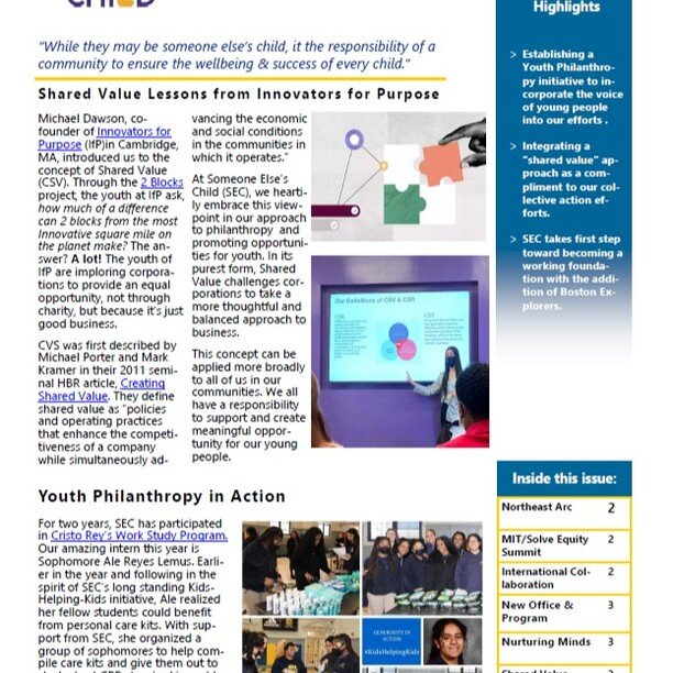 Our latest newsletter is out! This edition highlights how two of are partners are approaching 'shared value.' We all have a responsibility to support and create meaningful opportunity for our young people.
Our newsletter: https://www.someoneelseschil
