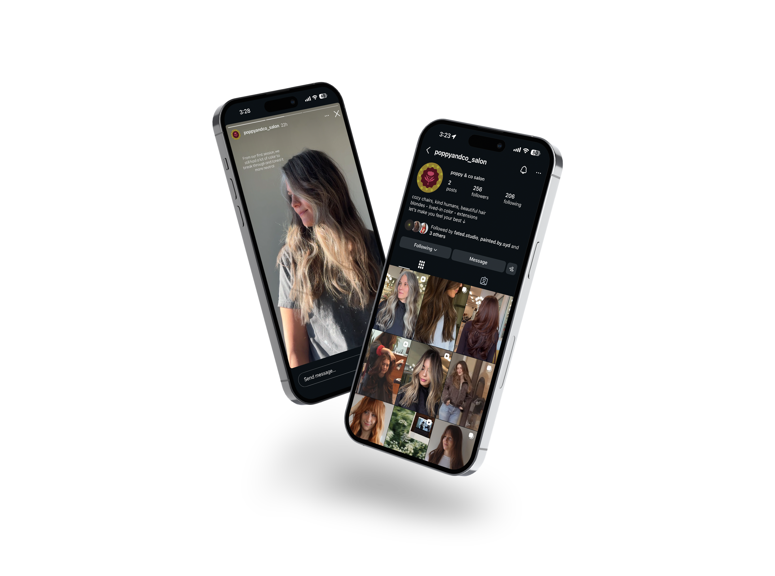 Two smartphones displaying an Instagram profile of a hair salon with photos of women with styled hair, and the main photo showing a woman with long, wavy blonde hair.