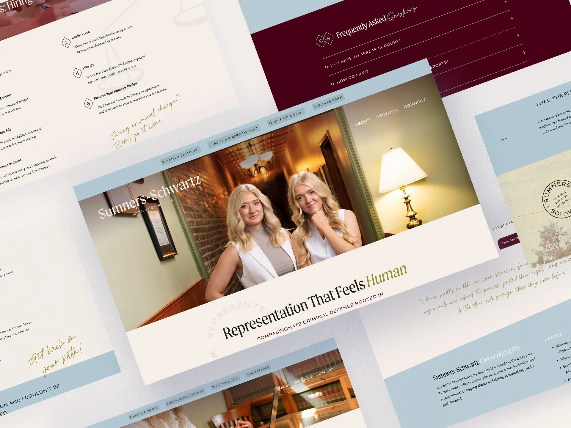 A collage of website pages for Summers-Schwartz, a law firm. The main page features two women standing in a warmly lit room, with text overlay that reads 'Representation That Feels Human' and 'Compassionate Criminal Defense Rooted in'. Surrounding pages include FAQ sections, appointment booking options, and firm information with a professional and welcoming design.