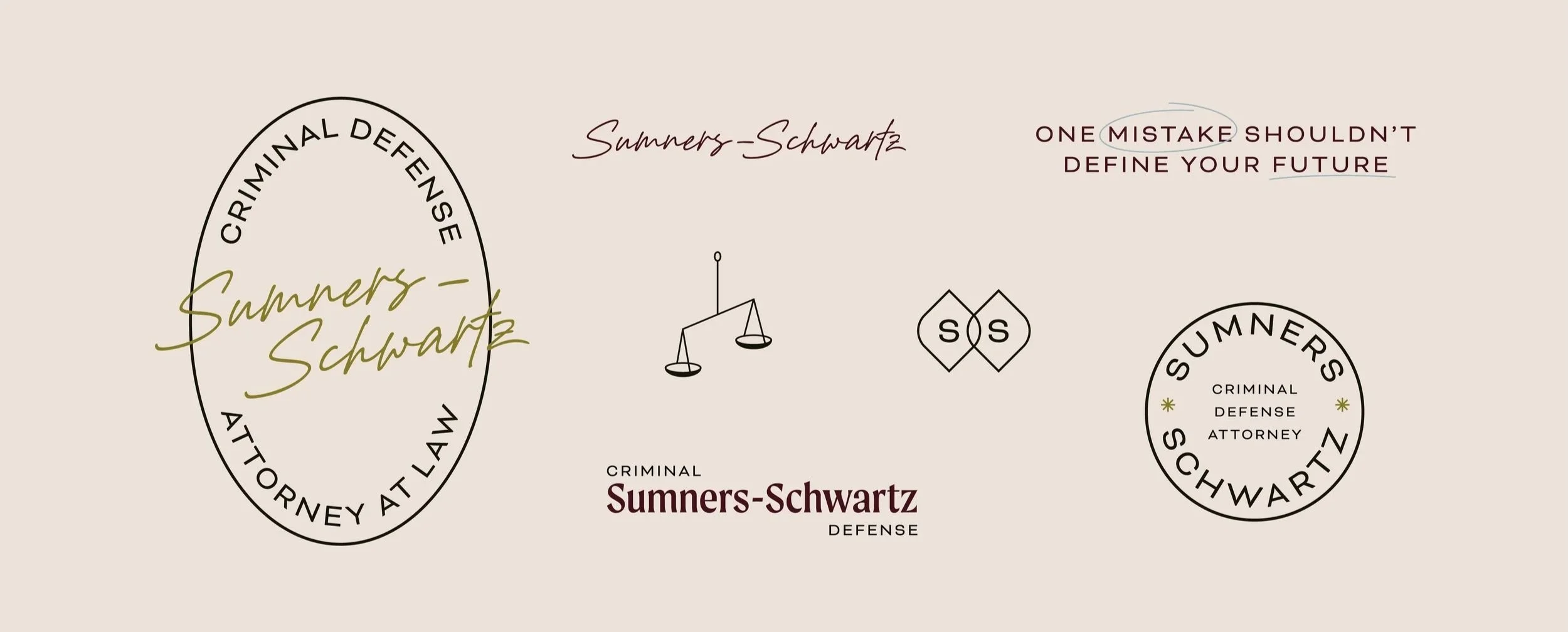 Multiple logos and branding elements for Sumners-Schwartz criminal defense attorneys, including circular emblems, handwritten-style text, and simple line icons on a beige background.