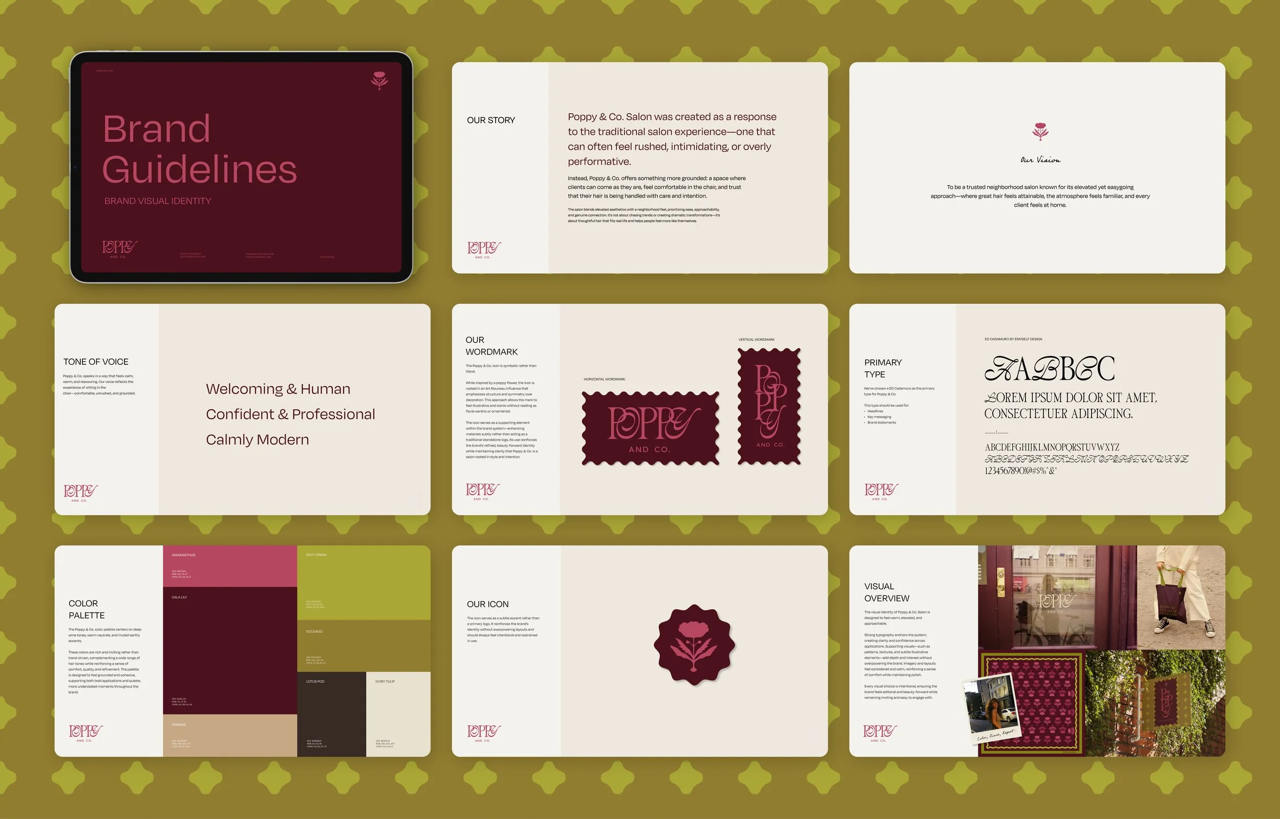 Brand guidelines booklet with pages showing story, vision, tone of voice, wordmark, primary type, color palette, icon, visual overview, and photographs, all set on a patterned background.