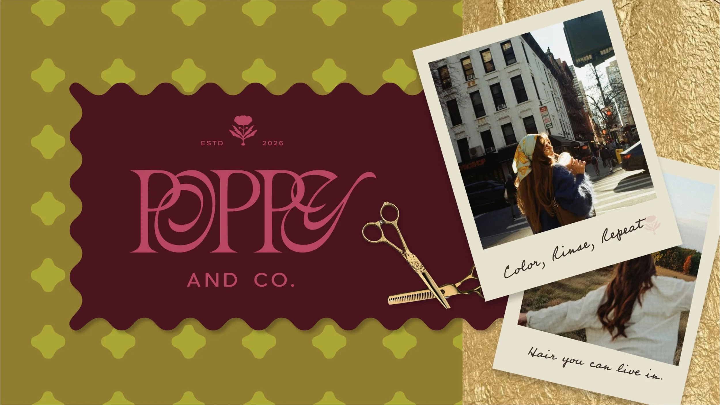 A promotional graphic for Poppy and Co. hair salon features a large maroon sign with pink text and a pink flower logo, alongside vintage-style photographs of women with styled hair and phrases 'Color, Rinse, Repeat' and 'Hair you can live in'.