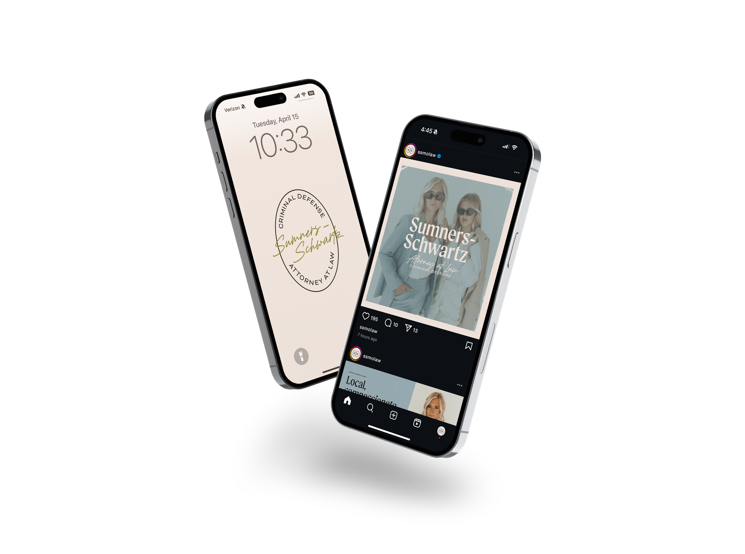 Two smartphones displaying social media and legal practice branding, on a black and white background.