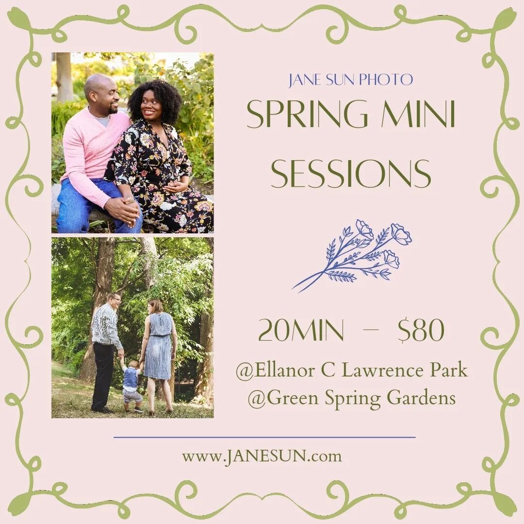 In preparing for #Spring, how about considering a #SpringMiniSession with #JaneSunPhoto? :D Please send over a message or peep the website!
.
I'll be at #EllanorCLawrencePark much of the time, and at #GreenSpringGardens on select dates!
.
#SpringSess