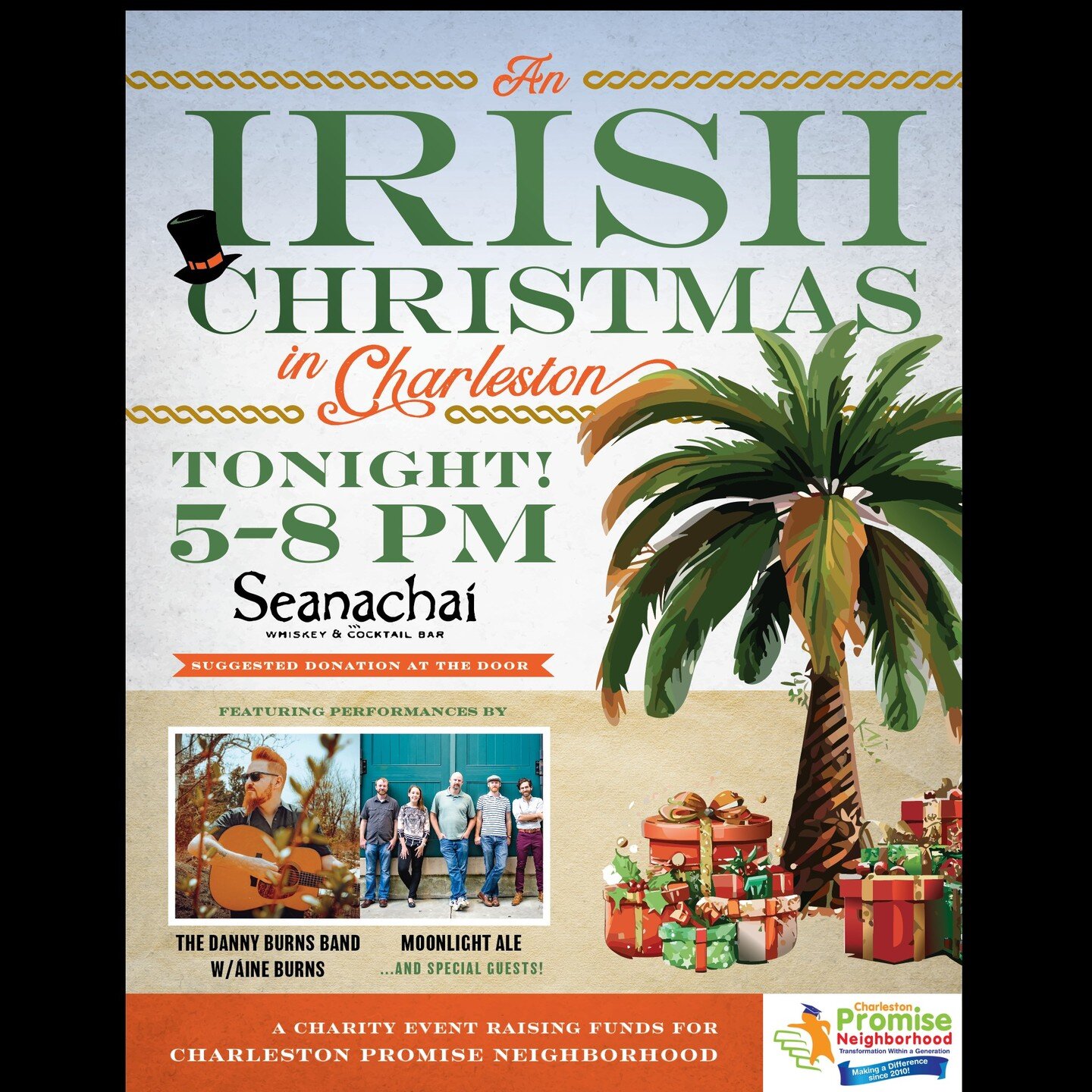 The day is finally here: An Irish Christmas in Charleston Show and Fundraiser is tonight at 5 PM at @seanachaiwhiskeyandcocktailbar! Let's end the year with a bang and raise some money for Charleston Promise Neighborhood while we're at it. 

All ages